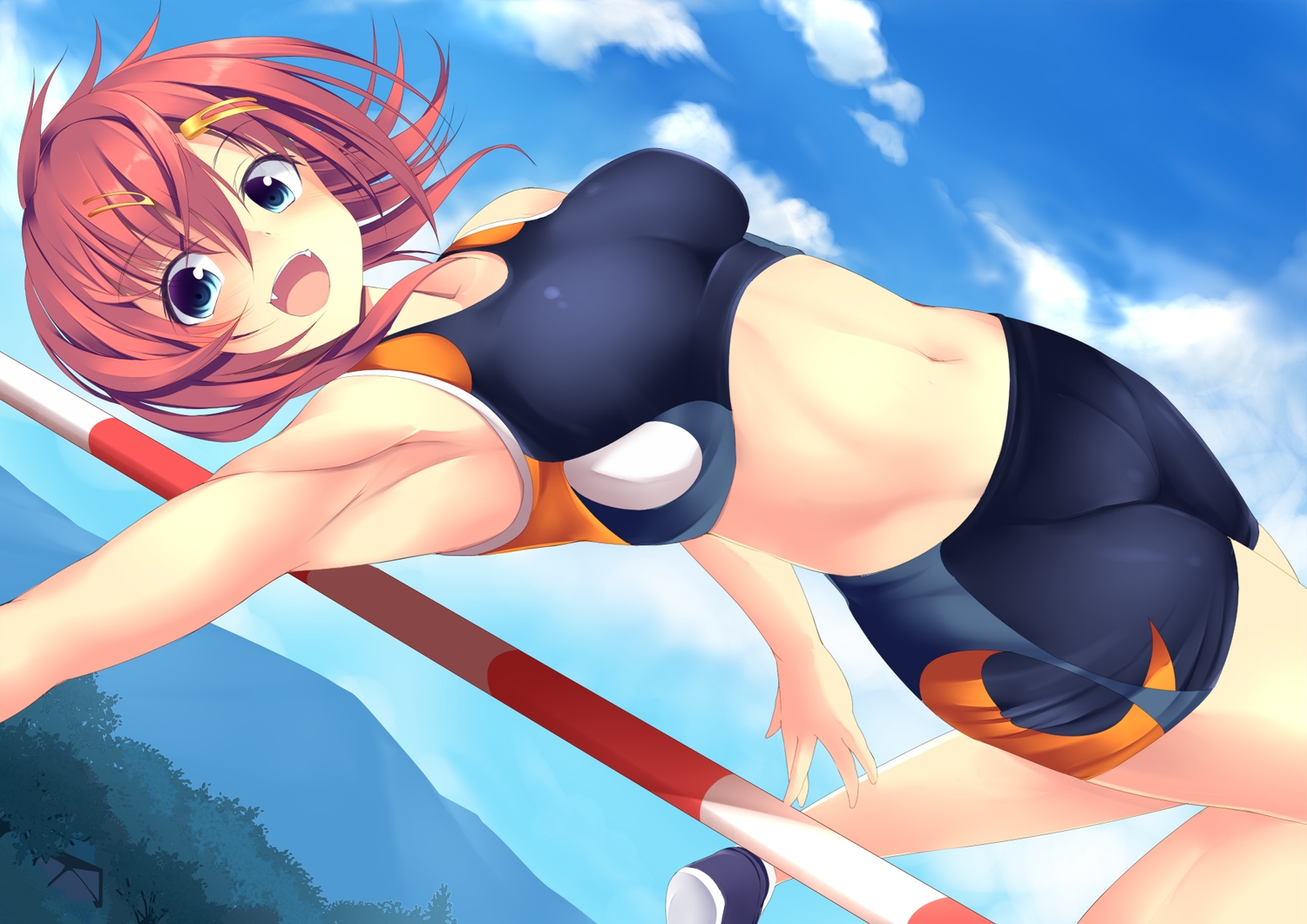bike_shorts, blue_eyes, breasts, brown_hair, clouds, navel, original, short_hair