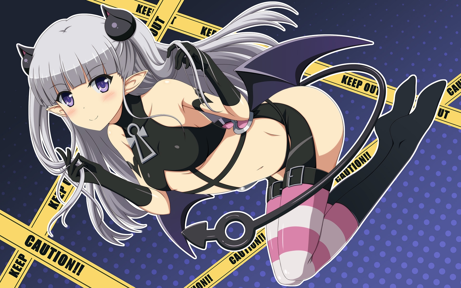 blush, demon, flat_chest, garter_belt, gloves, gray_hair, long_hair, naruse_maria