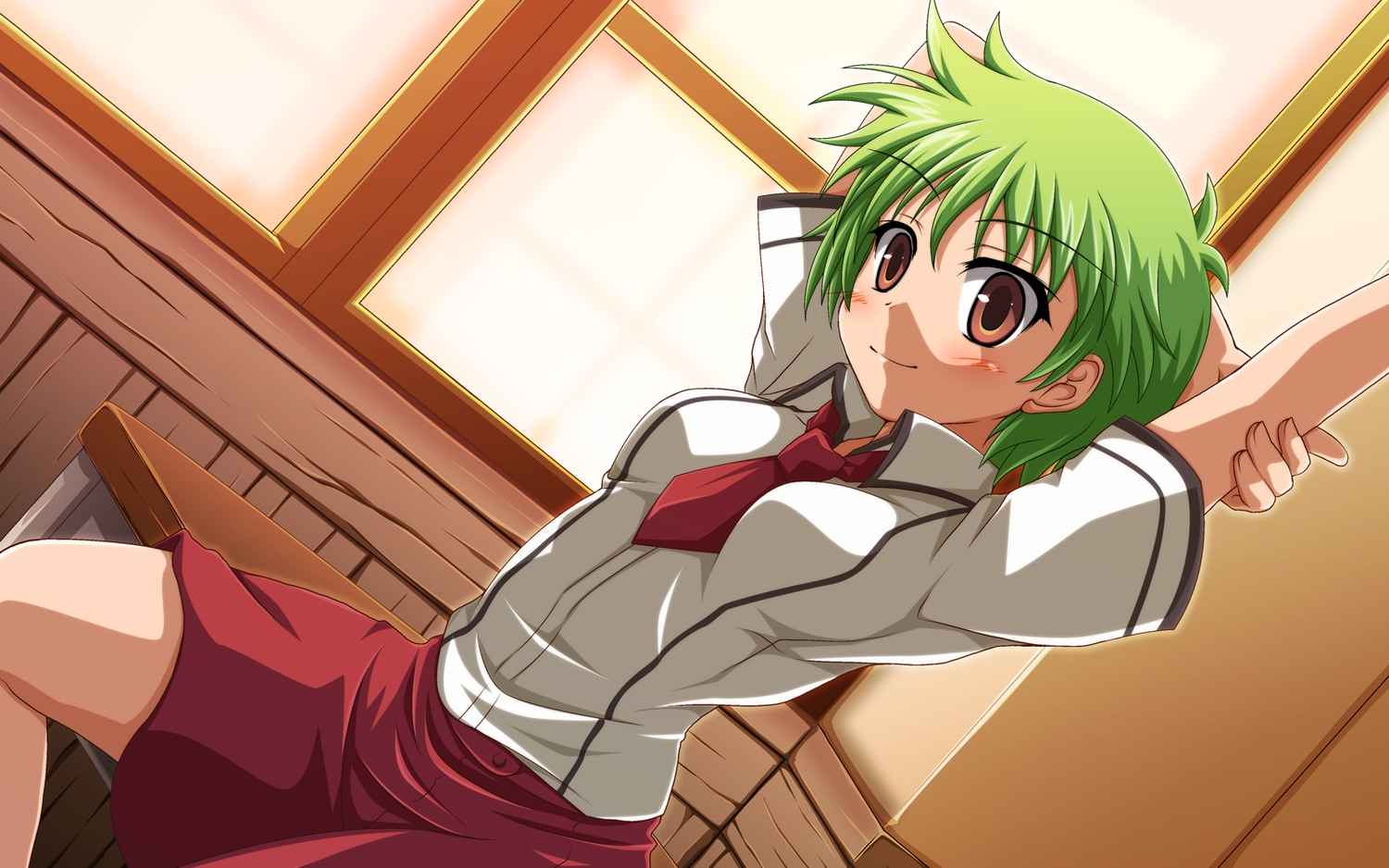 baka_to_test_to_shoukanjuu, blush, breasts, brown_eyes, green_hair, kudou_aiko, school_uniform, shira-nyoro, short_hair, skirt, tie