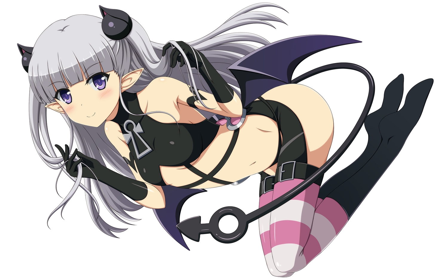 blush, demon, flat_chest, garter_belt, gloves, gray_hair, long_hair, naruse_maria