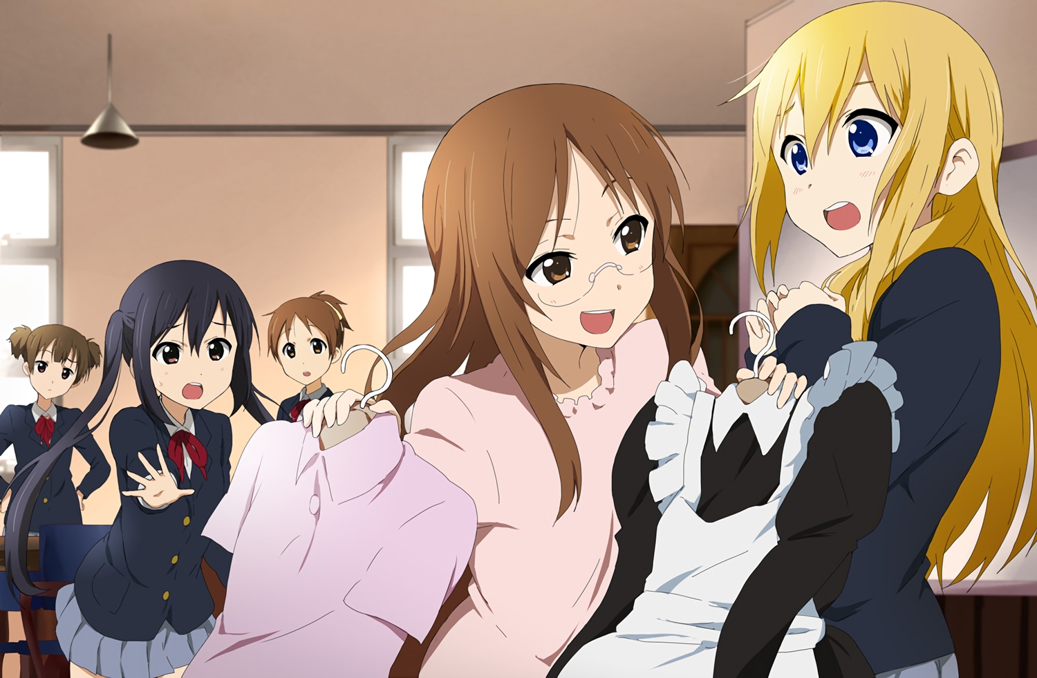 black_hair, blonde_hair, blue_eyes, brown_eyes, brown_hair, dress, glasses, hirasawa_ui, kisuke_(akutamu), k-on!, kotobuki_tsumugi, long_hair, nakano_azusa, ponytail, saitou_sumire, school_uniform, short_hair, skirt, suzuki_jun, twintails, waifu2x, yamanaka_sawako