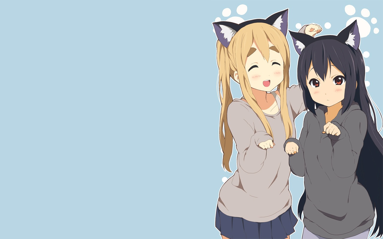 2girls, animal_ears, black_hair, blonde_hair, blue, blush, brown_eyes, kisuke_(akutamu), k-on!, kotobuki_tsumugi, long_hair, nakano_azusa, twintails