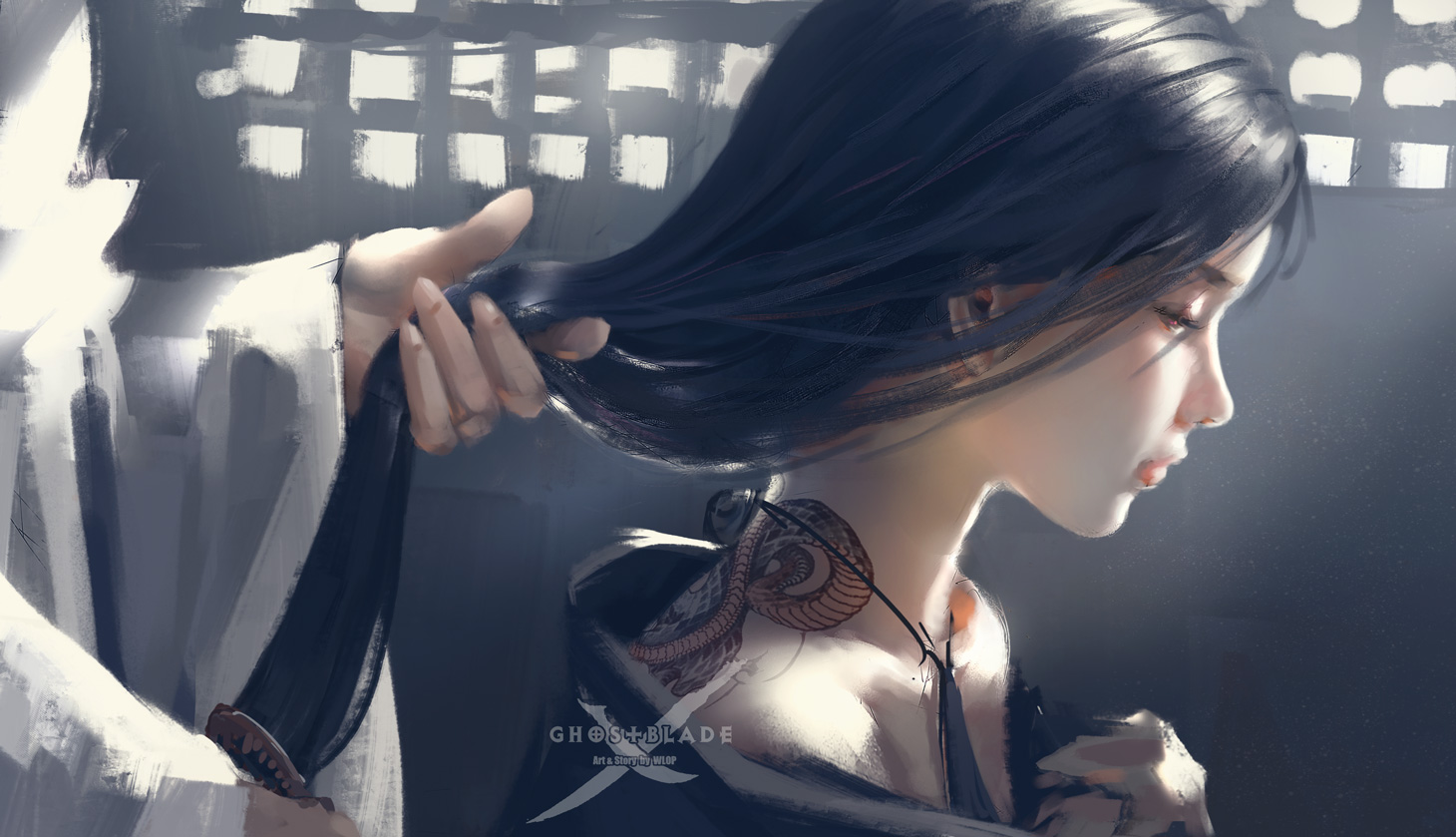black_hair, ghostblade, jade_(ghostblade), jpeg_artifacts, logo, long_hair, necklace, pink_eyes, tattoo, watermark, wlop