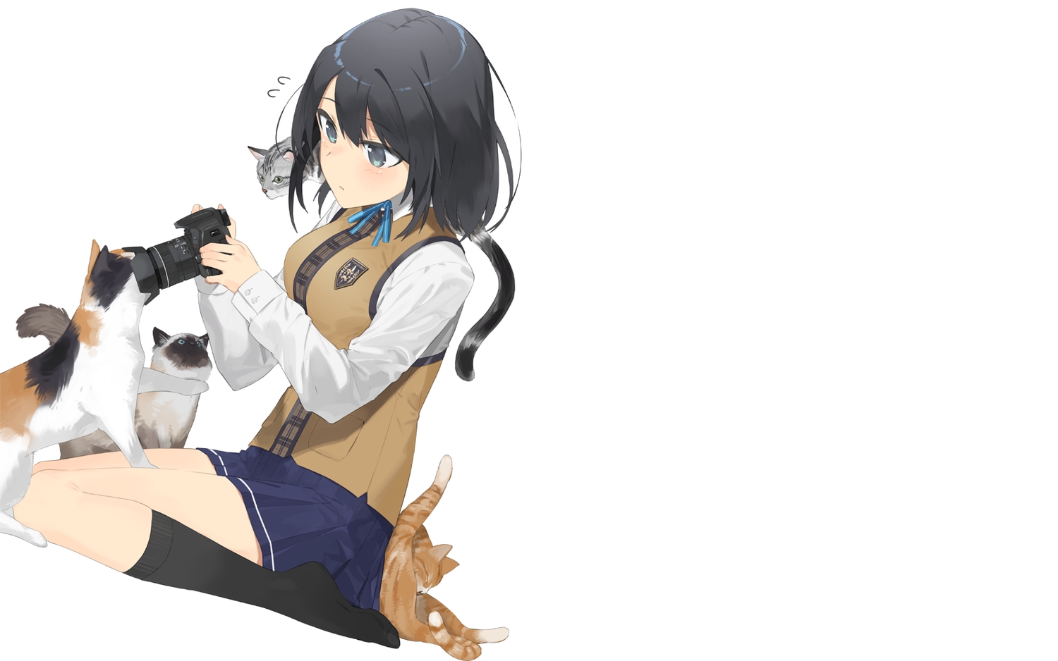 animal, barefoot, black_hair, blush, camera, cat, hayashi_kewi, kneehighs, original, school_uniform, short_hair, skirt, white