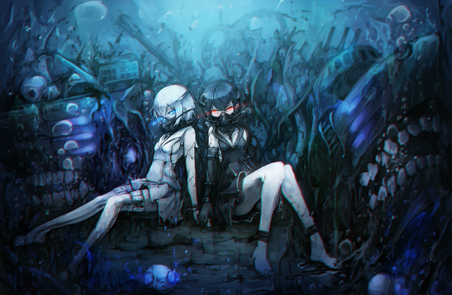 abyssal_twin_hime, anthropomorphism, kajaneko, kantai_collection, twins, underwater, water