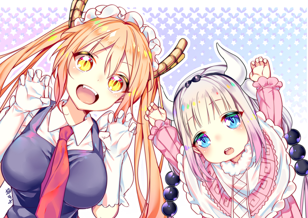 2girls, aqua_eyes, breasts, fang, gloves, headdress, horns, kanna_kamui
