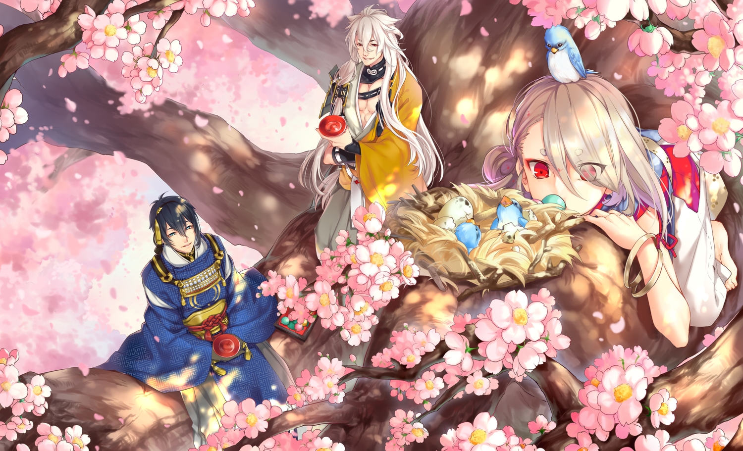 all_male, animal, anthropomorphism, aqua_eyes, bird, black_hair, blonde_hair, cherry_blossoms