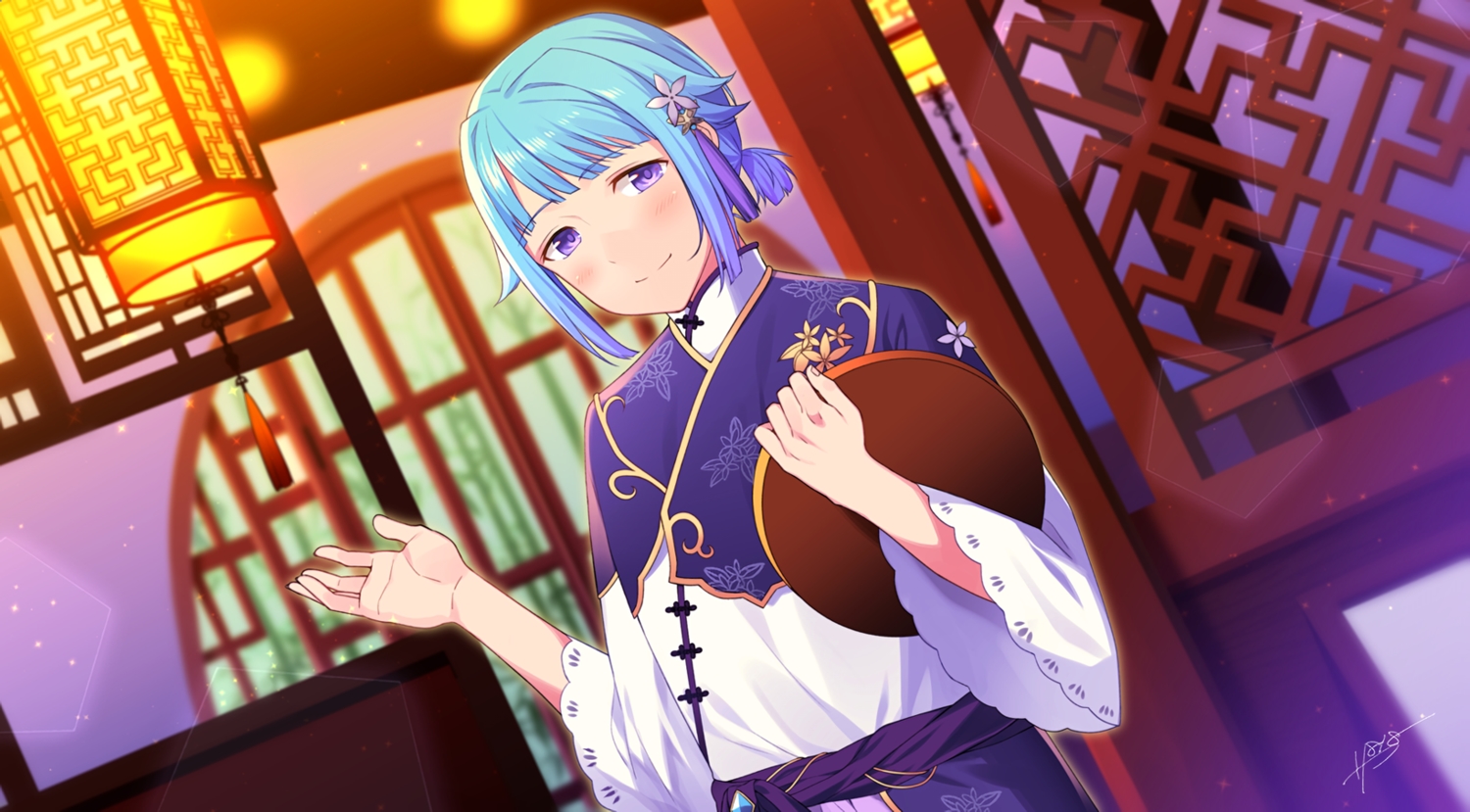 all_male, aqua_hair, blush, ensemble_stars!, male, ponytail, purple_eyes, sahuyaiya