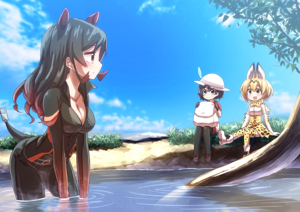 aliasing, animal_ears, anthropomorphism, black_hair, blonde_hair, bow, breasts, brown_eyes, catgirl, cleavage, clouds, dress, elbow_gloves, gloves, grass, hat, hippopotamus_(kemono_friends), kaban, kemono_friends, long_hair, pantyhose, serval, short_hair, sky, tagme_(artist), thighhighs, water, yellow_eyes