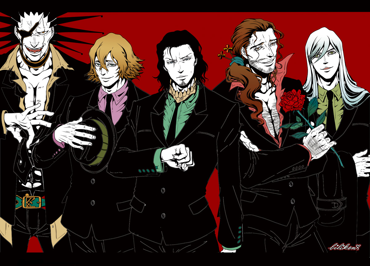 all_male, biliken, black_hair, bleach, brown_eyes, brown_hair, coyote_starrk, flowers, gray_eyes, gray_hair, hat, kyoraku_shunsui, long_hair, male, ponytail, rose, short_hair, signed, tie, ukitake_jyuushirou, urahara_kisuke, zaraki_kenpachi