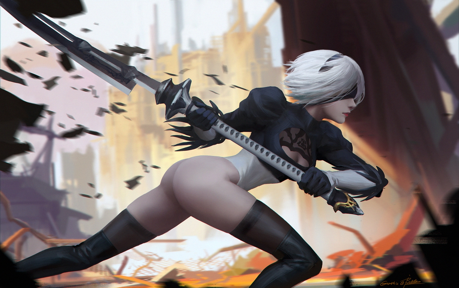 ass, blindfold, breasts, gloves, gray_hair, headband, nier, nier:_automata, qichao_wang, short_hair, signed, sword, thighhighs, weapon, yorha_unit_no._2_type_b