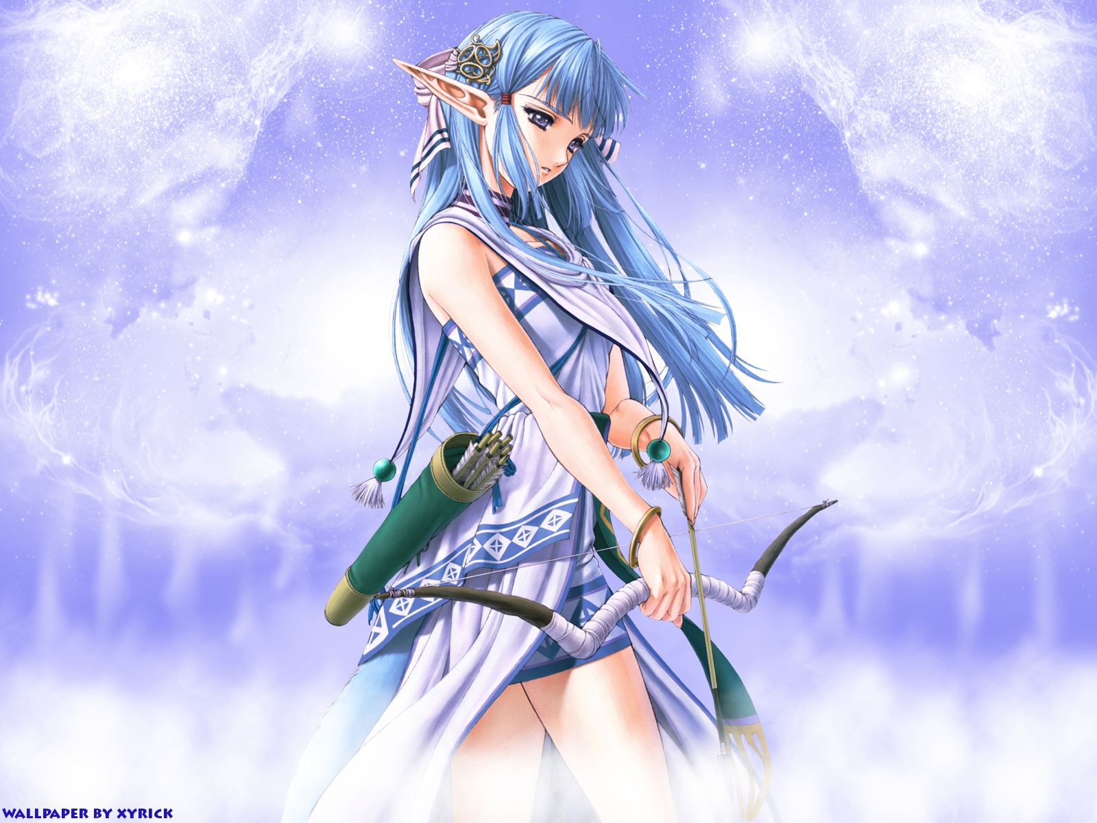 blue_eyes, blue_hair, bow_(weapon), long_hair, pointed_ears, weapon, ys