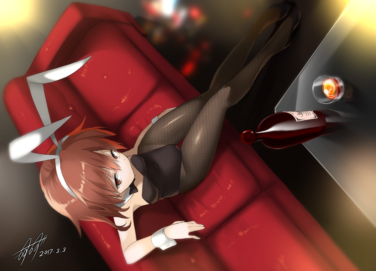 animal_ears, anthropomorphism, breasts, brown_eyes, brown_hair, bunny_ears, bunnygirl, drink, kantai_collection, kasu_kazu, pantyhose, short_hair, signed, wakaba_(kancolle)