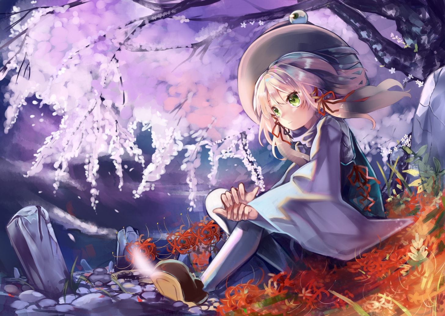 blonde_hair, cherry_blossoms, flowers, green_eyes, hat, moriya_suwako, petals, ribbons, touhou, zhu_xiang