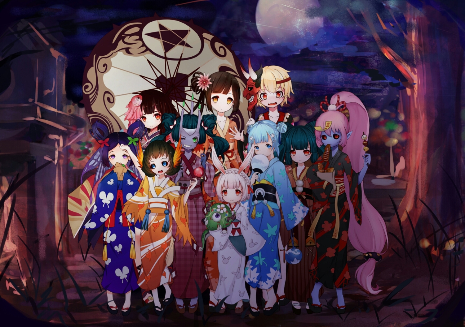 animal_ears, aqua_eyes, aqua_hair, braids, brown_hair, doujo_(onmyouji), futakuchi_onna_(onmyouji), gray_hair, green_eyes, green_hair, group, hannya_(onmyouji), hotarugusa_(onmyouji), japanese_clothes, kagura_(onmyouji), kochou_no_sei_(onmyouji), koi_no_sei_(onmyouji), kyonshii_imouto_(onmyouji), loli, long_hair, mask, moon, onmyouji, orange_eyes, pink_hair, ponytail, purple_eyes, red_eyes, shio_(7203802), short_hair, tree, twintails, umbrella, ushi_no_kokumairi_(onmyouji), yamausagi_(onmyouji), yellow_eyes, yukata