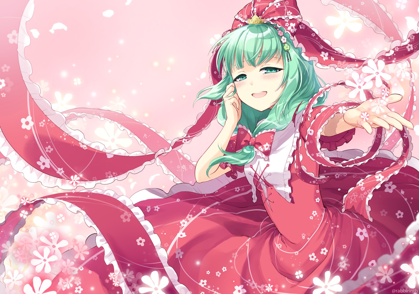 blush, bow, dress, flowers, green_eyes, green_hair, kagiyama_hina, long_hair, mito_tsubaki, touhou, watermark