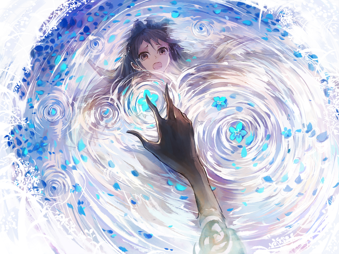 black_hair, brown_eyes, crying, deemo, flowers, girl_(deemo), long_hair, petals