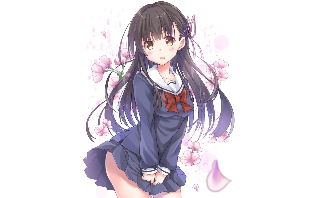 black_hair, blush, breasts, brown_eyes, flowers, long_hair, original, petals, ribbons, school_uniform, skirt, takanashi_haruto, white