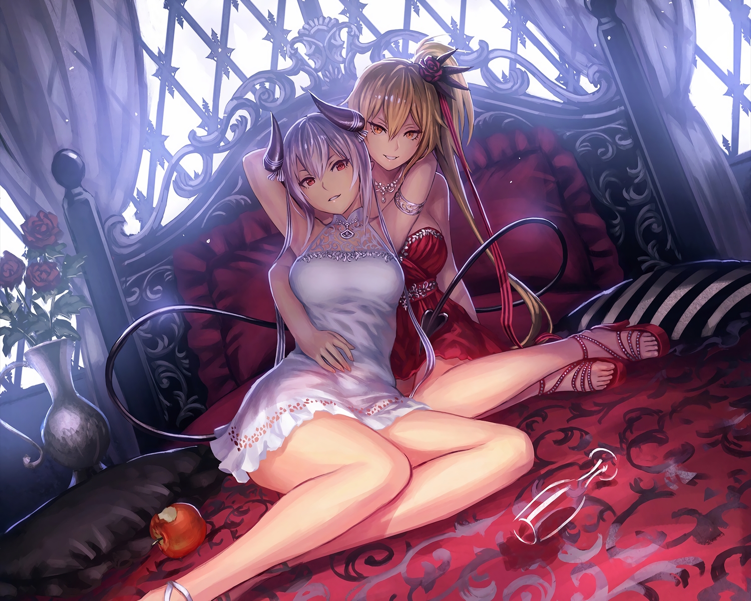 2girls, anbe_yoshirou, apple, bed, blonde_hair, cropped, demon, dress