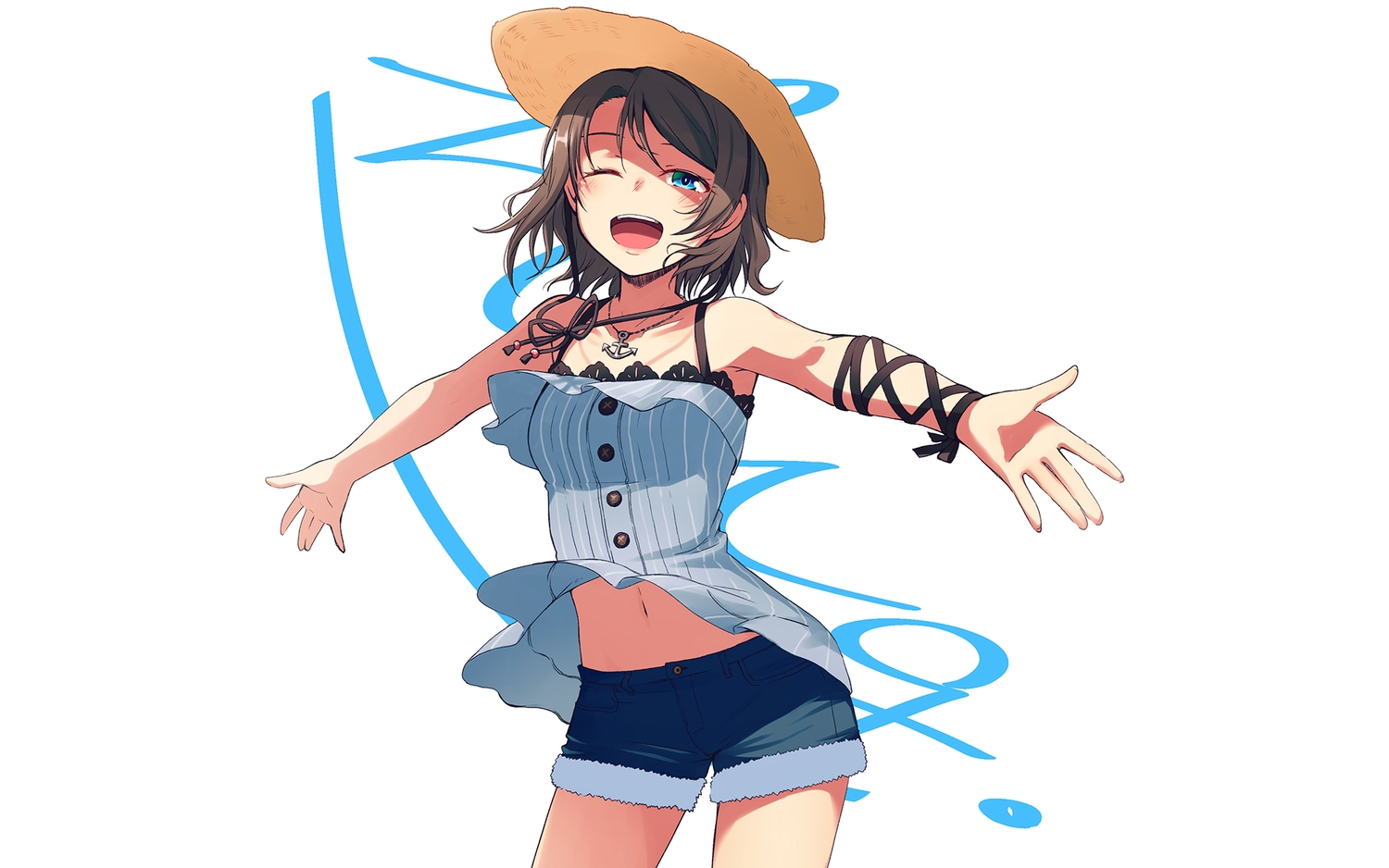 aqua_eyes, blush, brown_hair, hat, love_live!_school_idol_project, love_live!_sunshine!!, nanotsuki, navel