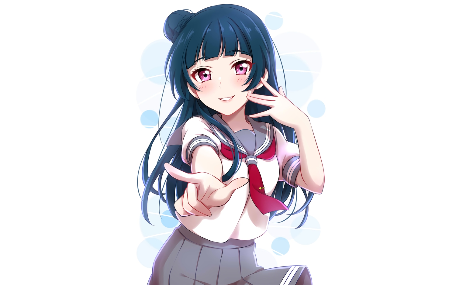 blue_hair, blush, long_hair, love_live!_school_idol_project, love_live!_sunshine!!, pink_eyes, school_uniform, sekina, skirt, tsushima_yoshiko, white