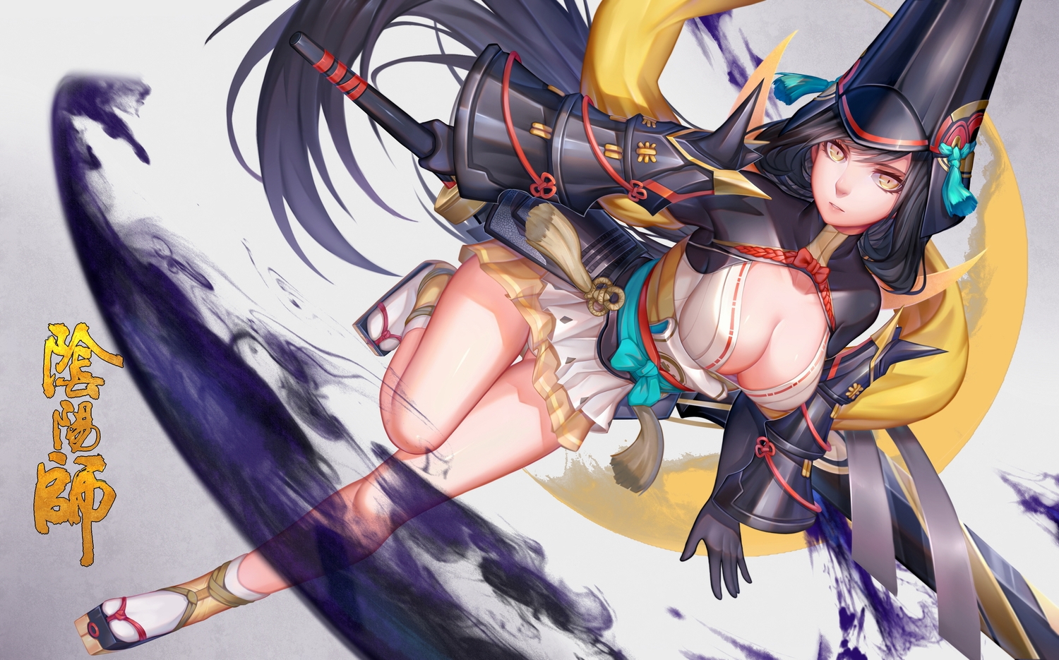 armor, black_hair, bow, breasts, choukoukou_no_diaosi, cleavage, hat, long_hair