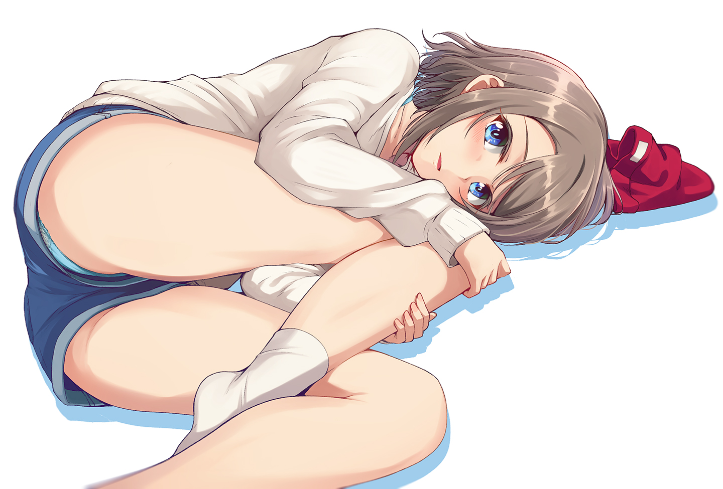 aqua_eyes, ass, blush, brown_hair, hat, love_live!_school_idol_project, love_live!_sunshine!!, nanotsuki, panties, short_hair, shorts, socks, underwear, watanabe_you