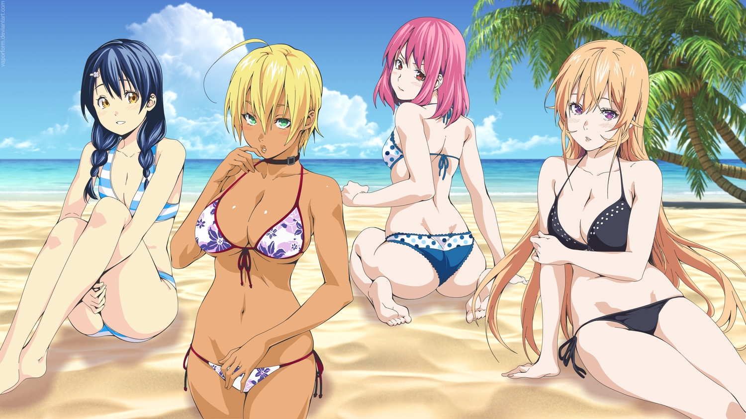 aliasing, arato_hisako, ass, barefoot, beach, bikini, blonde_hair, blue_hair, blush, breast_hold, breasts, clouds, dark_skin, long_hair, mito_ikumi, nakiri_erina, navel, pink_hair, purple_eyes, red_eyes, shokugeki_no_souma, short_hair, sky, summer, swimsuit, tadokoro_megumi, tree, vaporform, water, watermark, yellow_eyes