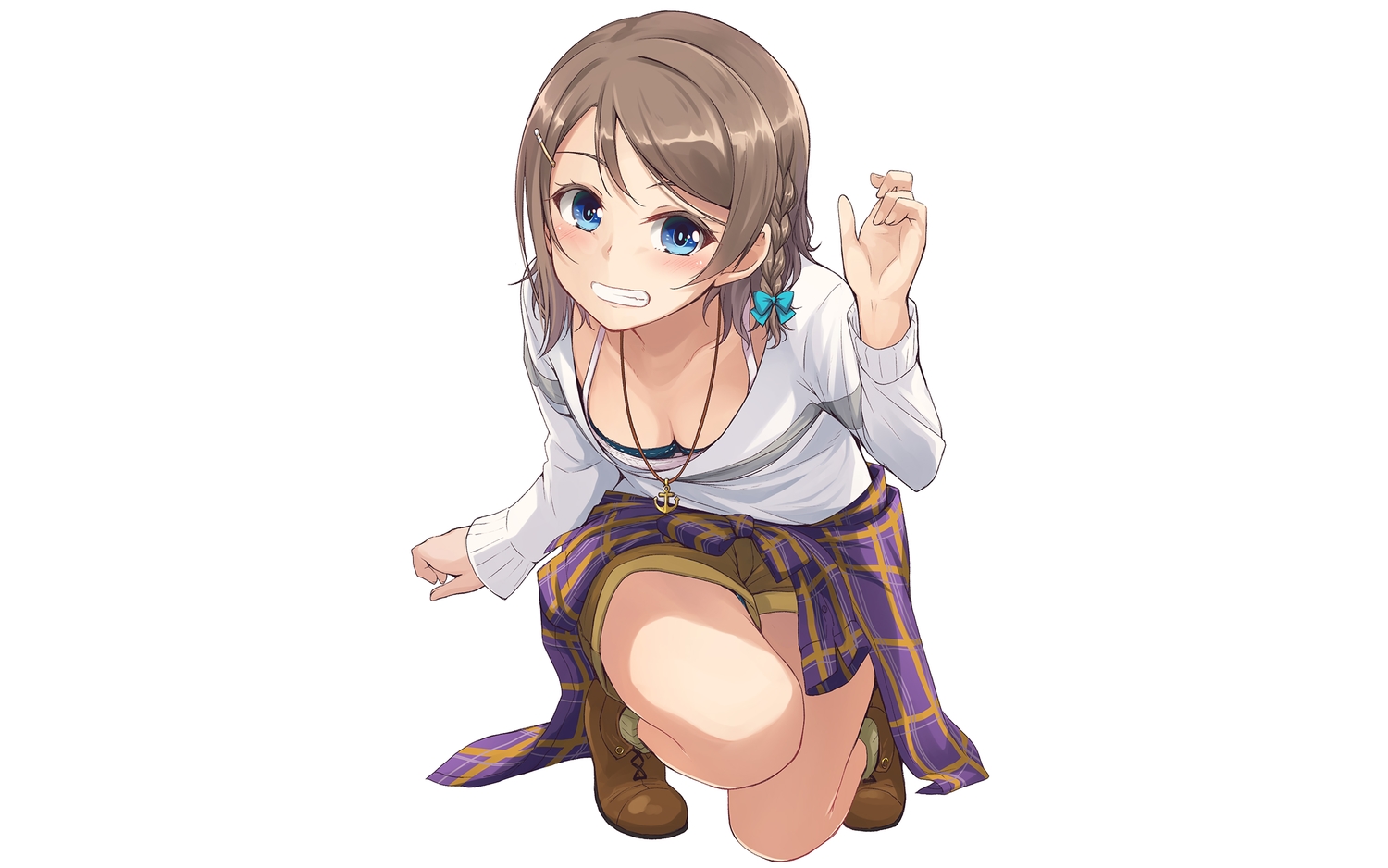 aqua_eyes, blush, bow, bra, braids, breasts, brown_hair, love_live!_school_idol_project, love_live!_sunshine!!, nanotsuki, necklace, short_hair, shorts, underwear, watanabe_you, white