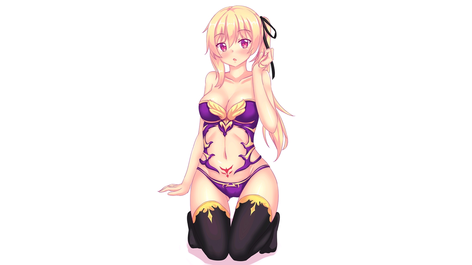 blonde_hair, blush, fast-runner-2024, lizsharte_atismata, ponytail, saijaku_muhai_no_bahamut, thighhighs, white