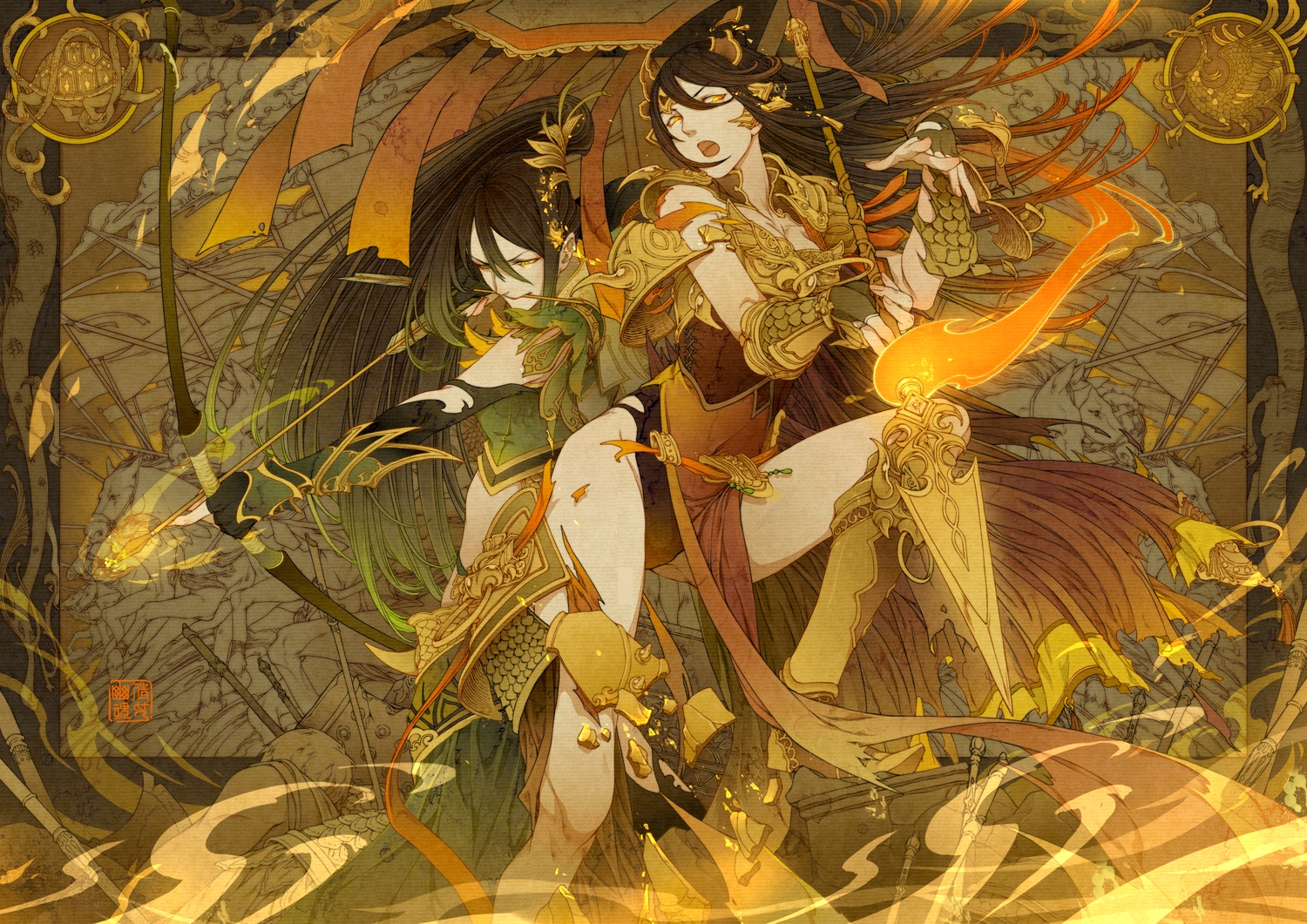 akai_kamoshi, armor, bow_(weapon), breasts, cleavage, long_hair, spear, weapon