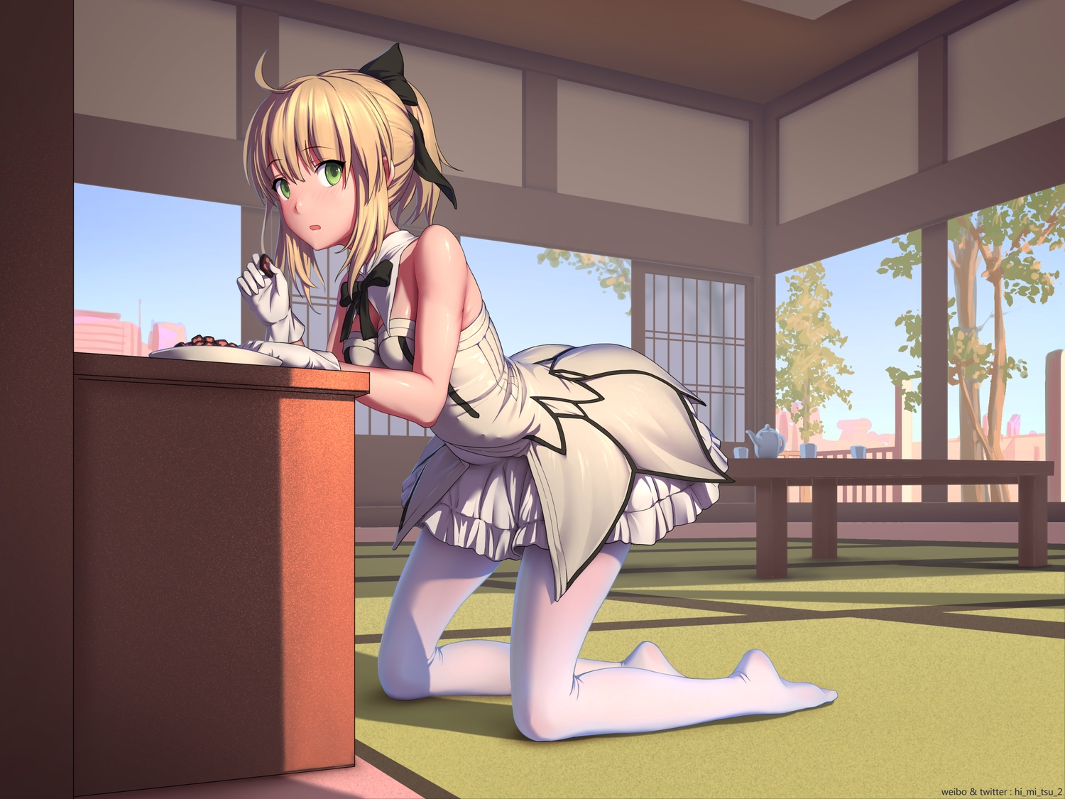 artoria_pendragon_(all), blonde_hair, candy, chocolate, dress, drink, fate/grand_order, fate_(series), food, green_eyes, himitsu_(hi_mi_tsu_2), pantyhose, saber, saber_lily, short_hair, sky, tree, watermark