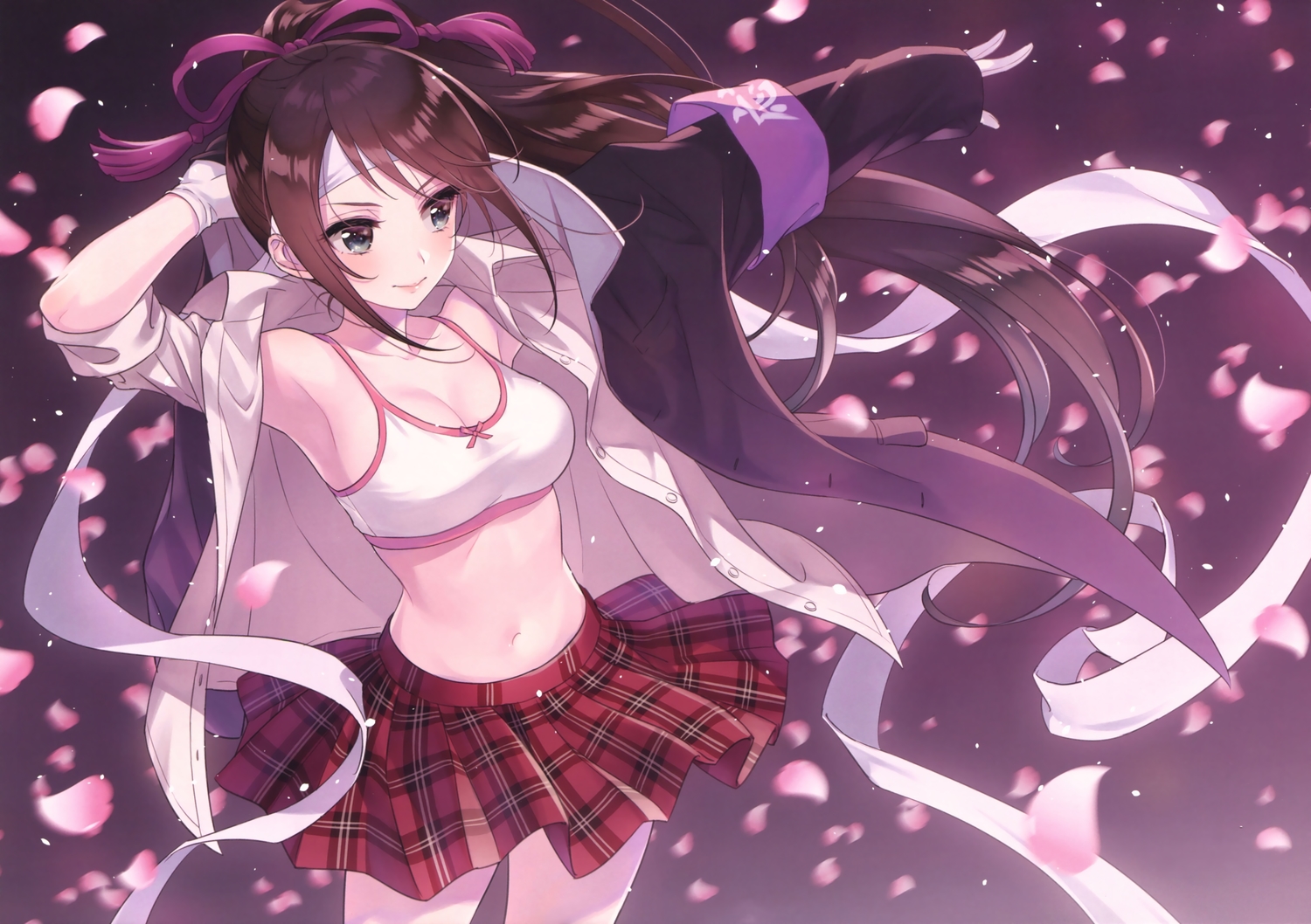 breasts, brown_hair, gloves, long_hair, morikura_en, navel, original, petals