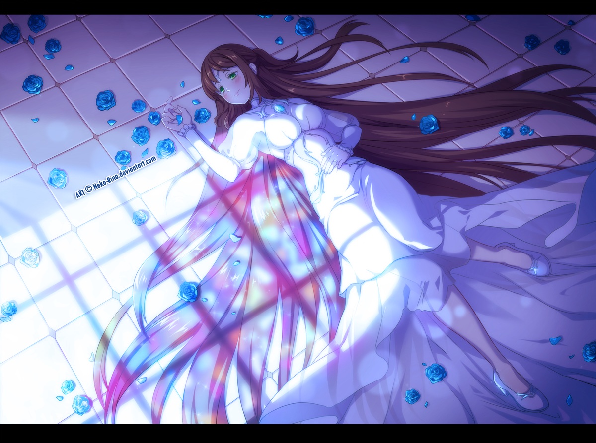 blush, brown_hair, dress, flowers, green_eyes, headdress, long_hair, neko-rina, original, petals, rose, watermark, wedding_attire