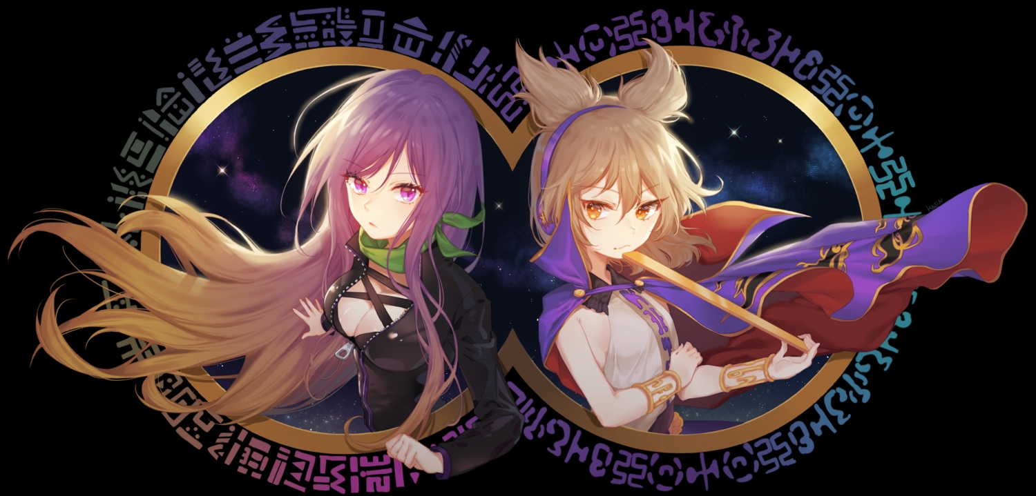 2girls, breasts, brown_hair, cape, cleavage, dualscreen, hajin, headphones