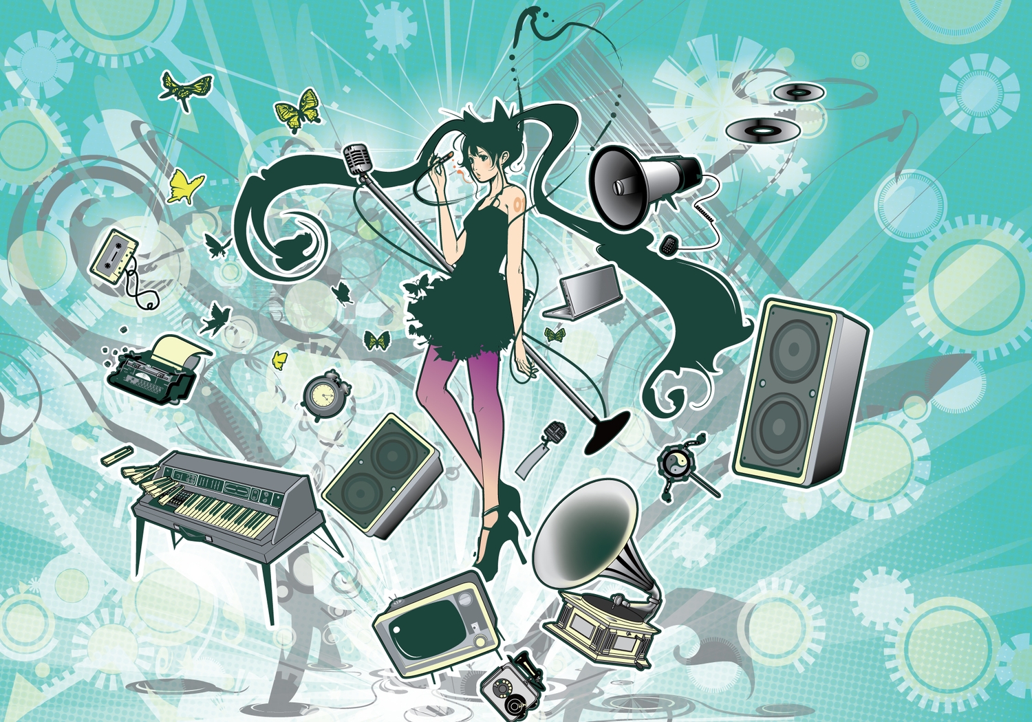 azuma_shou, butterfly, computer, dress, green_eyes, green_hair, hatsune_miku, instrument, long_hair, microphone, piano, twintails, vocaloid