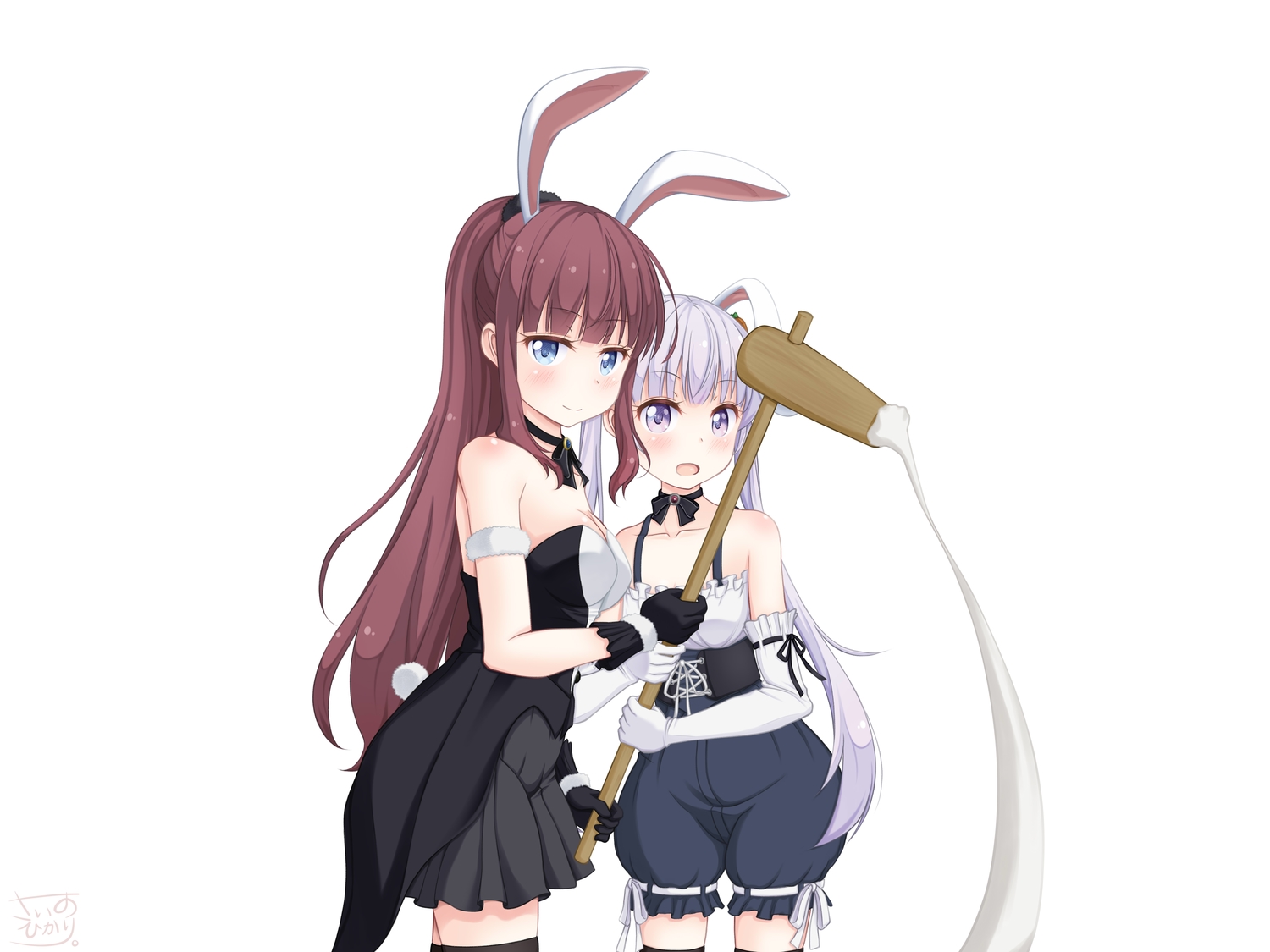 2girls, animal_ears, aqua_eyes, blush, brown_hair, bunny_ears, bunnygirl, elbow_gloves