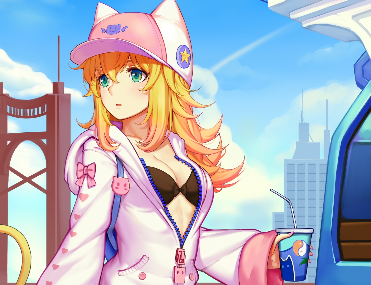 animal_ears, bikini_top, blonde_hair, bow, catgirl, clouds, cropped, drink