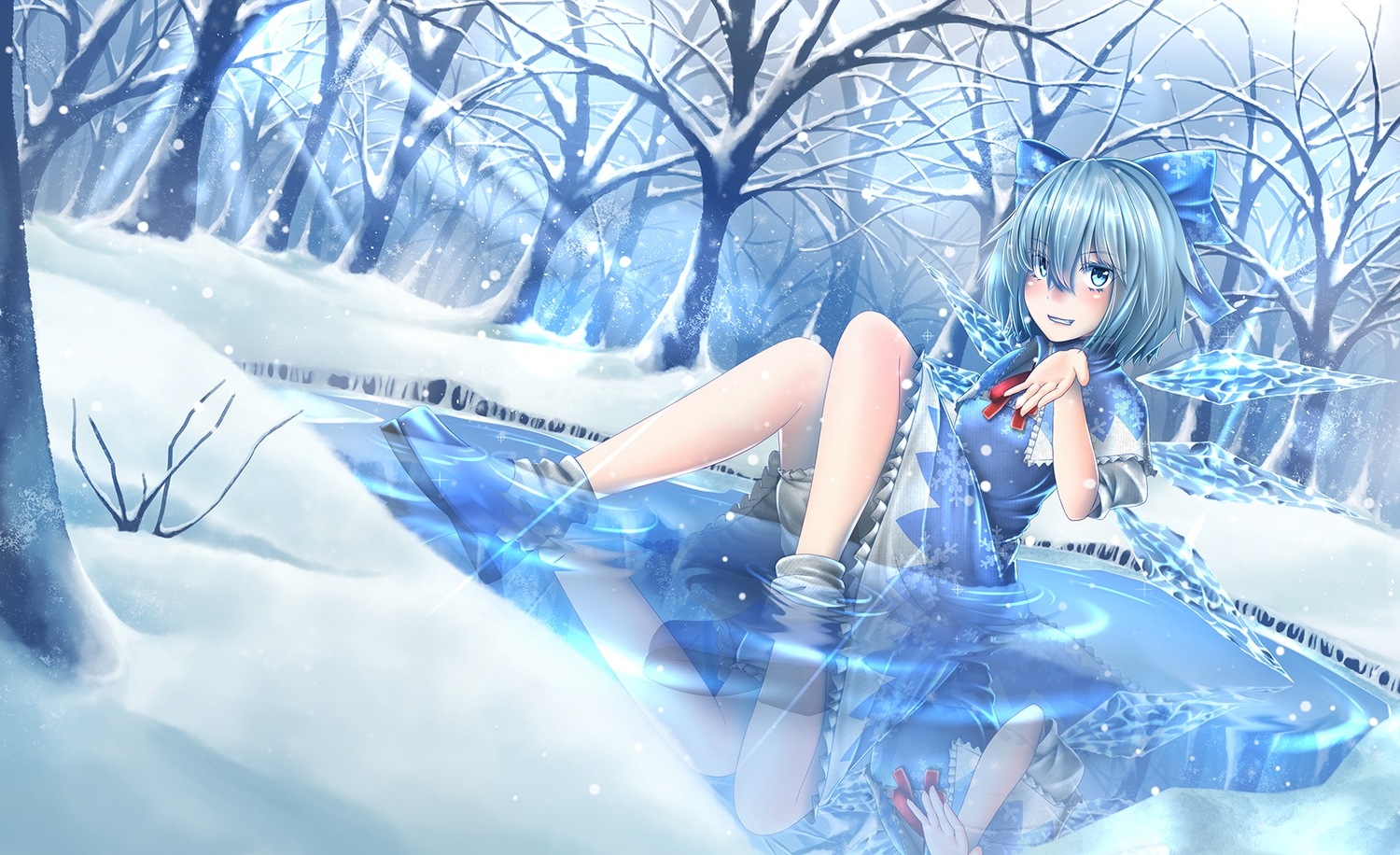 bloomers, blue_eyes, blue_hair, bow, cirno, dress, fairy, mochi_(chain_csn)