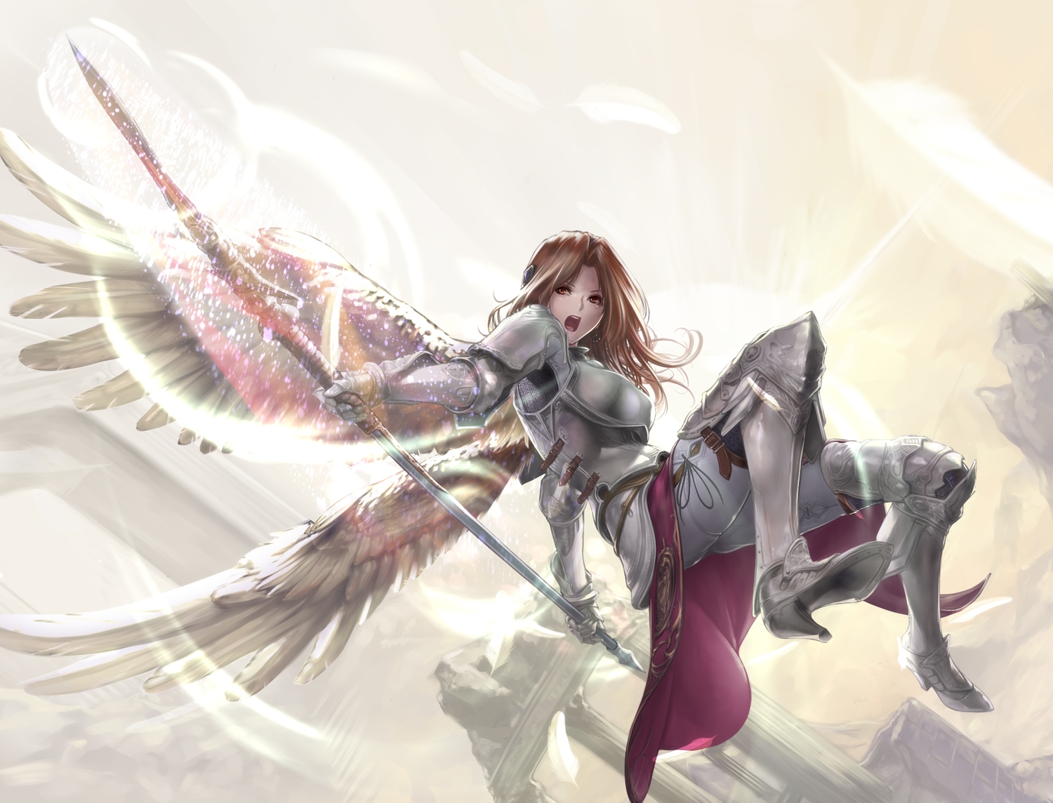 armor, boots, brown_hair, dress, gloves, long_hair, original, shisshou_senkoku