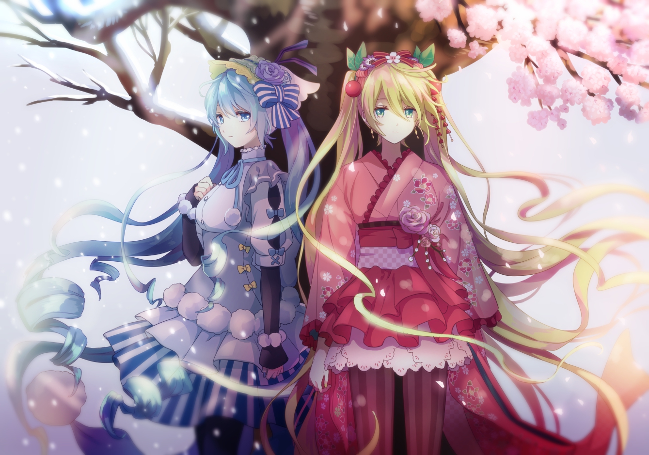 akiyoshi_(tama-pete), aqua_eyes, aqua_hair, blonde_hair, bow, cherry_blossoms, dress, flowers, green_eyes, hatsune_miku, japanese_clothes, lolita_fashion, long_hair, pantyhose, petals, snow, tree, twintails, vocaloid