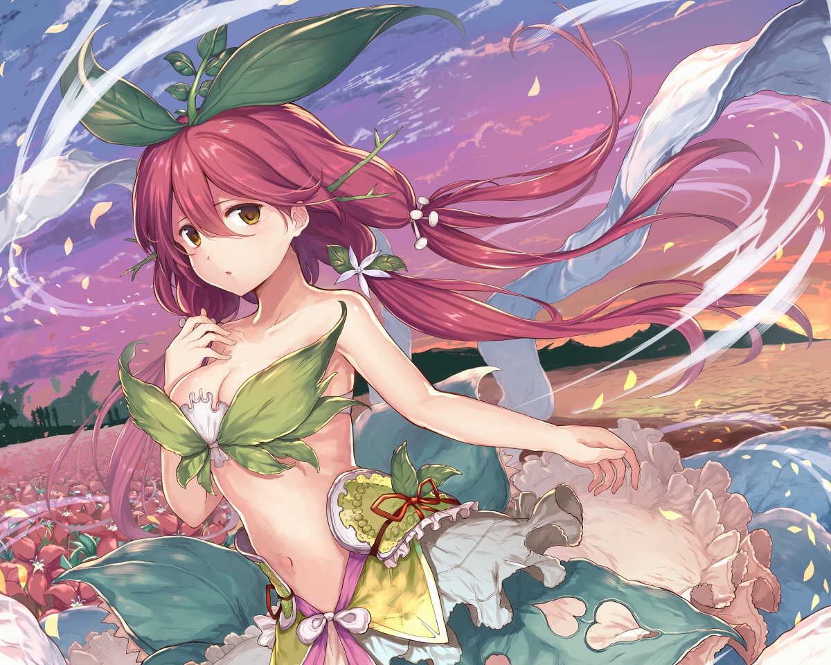 abusoru, aliasing, breasts, cleavage, clouds, cropped, dress, flowers, granblue_fantasy, navel, petals, red_hair, sky, yellow_eyes, yggdrasill_(granblue_fantasy)