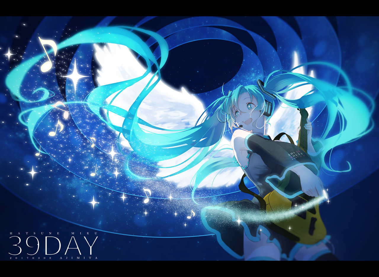 ajimita, aqua_eyes, aqua_hair, guitar, hatsune_miku, instrument, long_hair, skirt