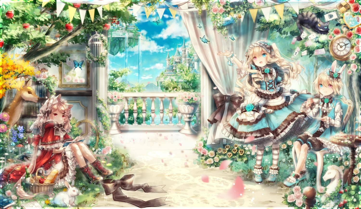 alice_in_wonderland, animal, animal_ears, apple, bicolored_eyes, blonde_hair, book, bow, building, butterfly, cake, cat, cheshire_cat, clouds, crown, dress, drink, flowers, food, fruit, grass, hat, headband, headdress, lolita_fashion, long_hair, male, mirror, original, pantyhose, petals, rabbit, red_eyes, rose, short_hair, sky, tree, water, white_rabbit, yumeichigo_alice