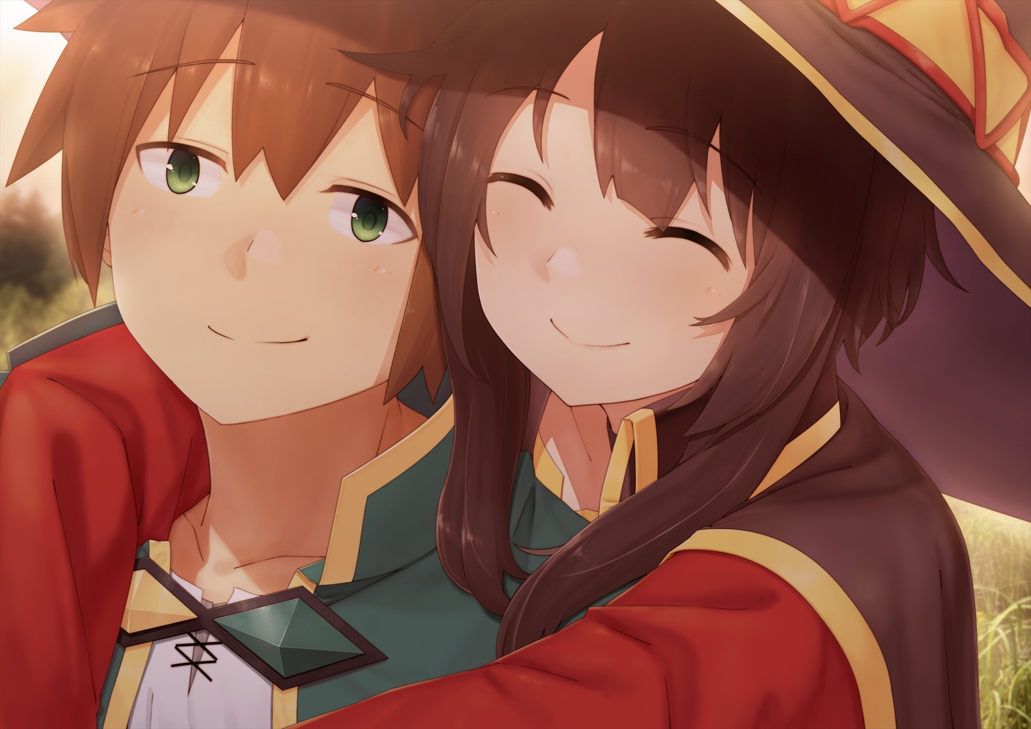 black_hair, brown_hair, close, dacchi, green_eyes, hat, hug, kono_subarashii_sekai_ni_shukufuku_wo!
