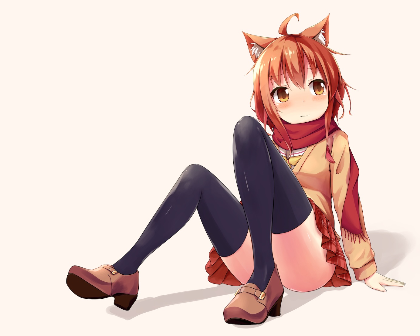 animal_ears, blush, brown_eyes, brown_hair, mizutan64, original, scarf, school_uniform, short_hair, skirt, thighhighs