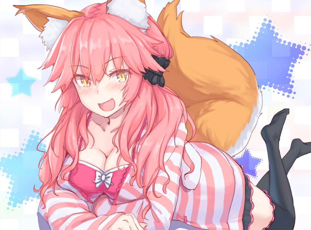 animal_ears, blush, breasts, cleavage, fang, fate/grand_order, fate_(series), foxgirl, long_hair, maru_(maru1625), pink_hair, tail, tamamo_no_mae_(fate), thighhighs, twintails, yellow_eyes, zettai_ryouiki