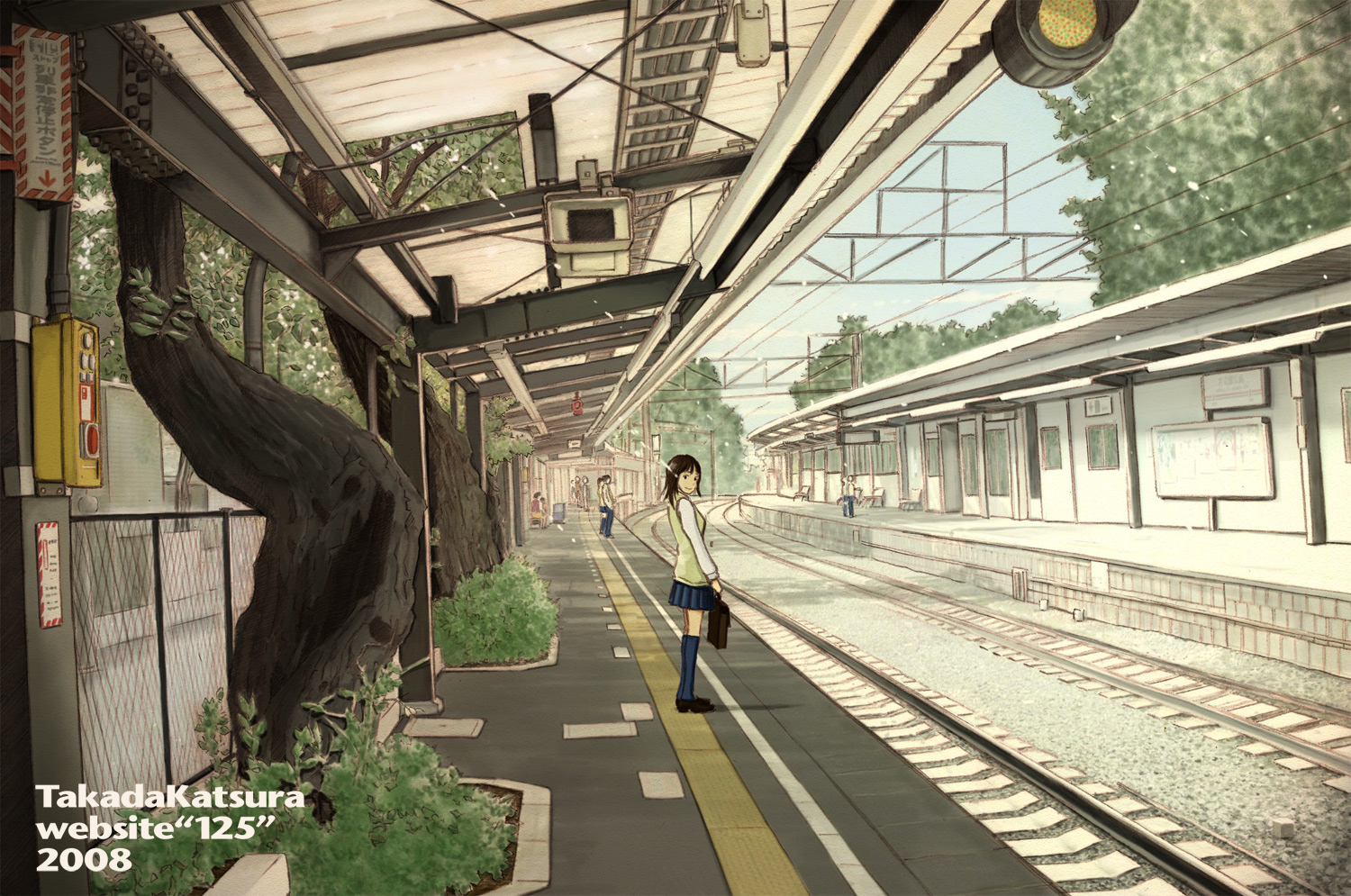 black_hair, kneehighs, original, school_uniform, short_hair, skirt, sky, takada_katsura, train, water