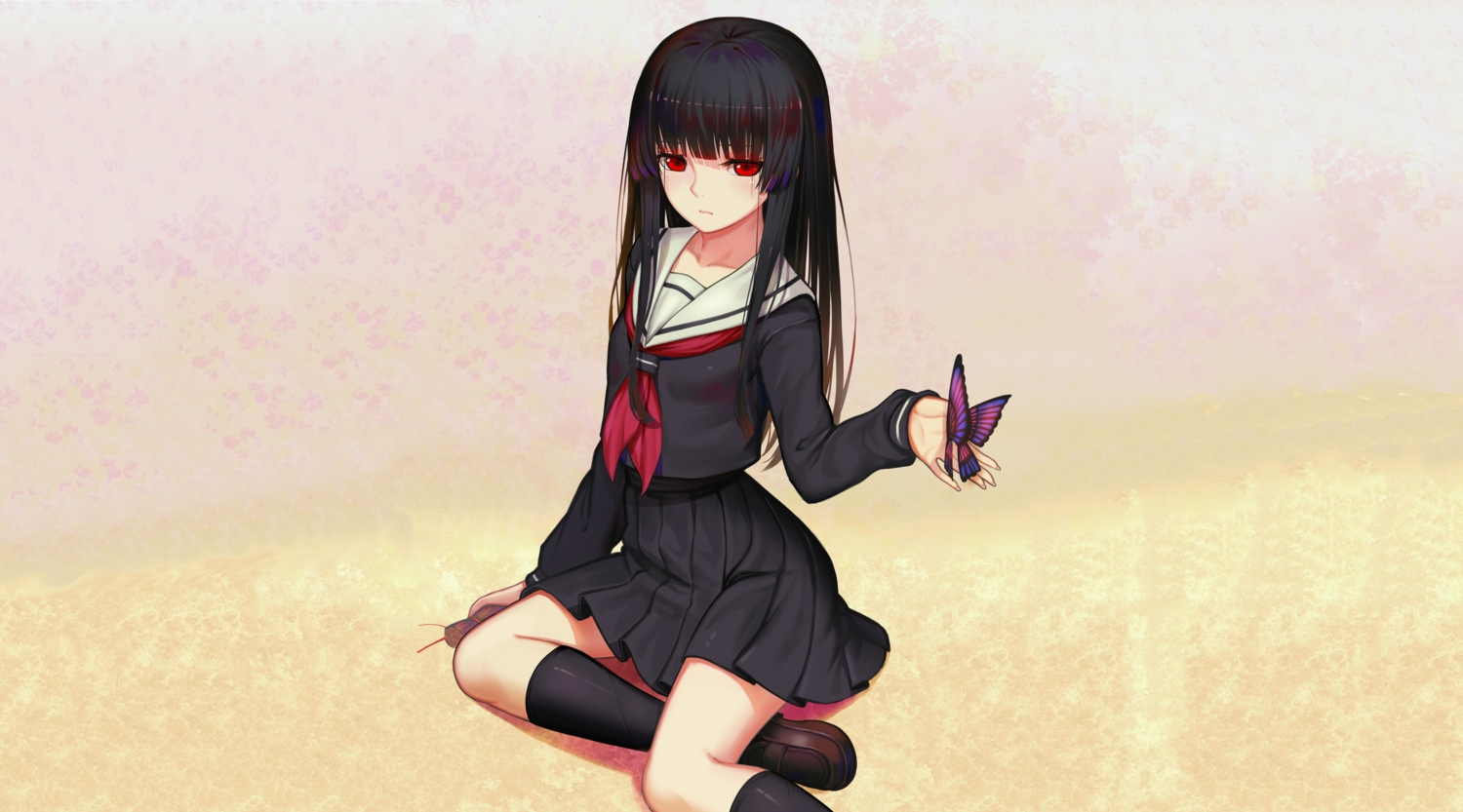 black_hair, butterfly, doll, enma_ai, jigoku_shoujo, kneehighs, long_hair, red_eyes
