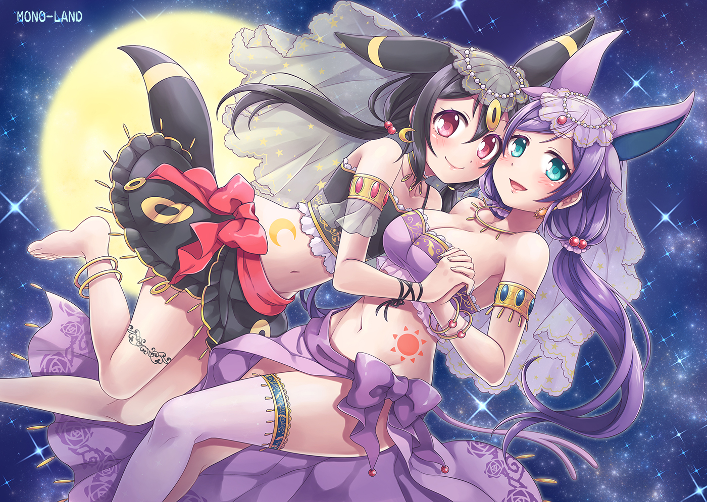 2girls, animal_ears, aqua_eyes, barefoot, black_hair, blush, breasts, cleavage, cosplay, long_hair, love_live!_school_idol_project, mono_land, navel, pokemon, purple_hair, tail, thighhighs, toujou_nozomi, yazawa_nico